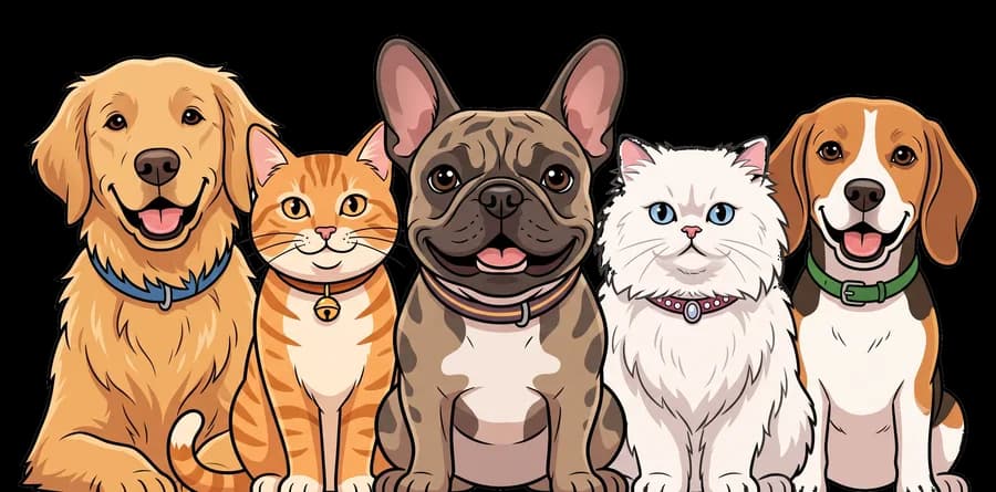 A golden retriever, tabby cat, French bulldog, Persian cat and beagle sitting side by side
